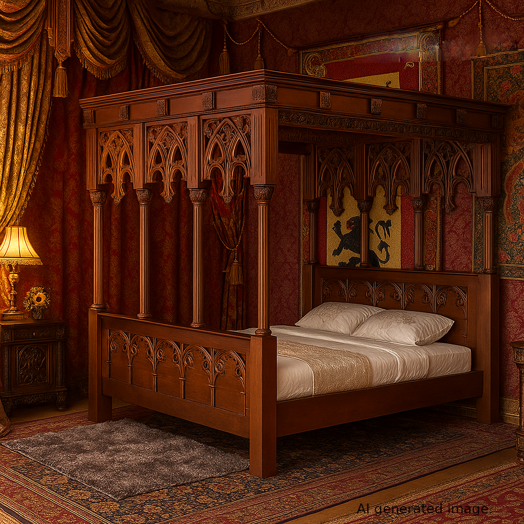 Strawberry Gothic Four Poster Bed Large Mahogany Carved Bed Beds & Bed Frames CasaFenix