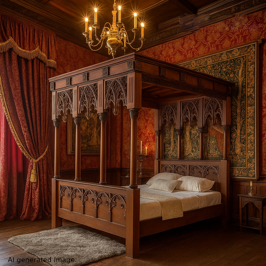 Strawberry Gothic Four Poster Bed Large Mahogany Carved Bed Beds & Bed Frames CasaFenix