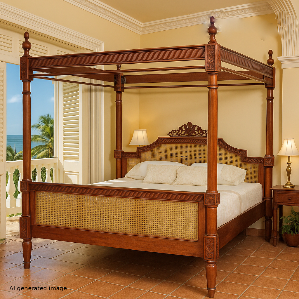 French Rattan Four Poster Bed Solid Mahogany Four Post Bed Beds & Bed Frames CasaFenix