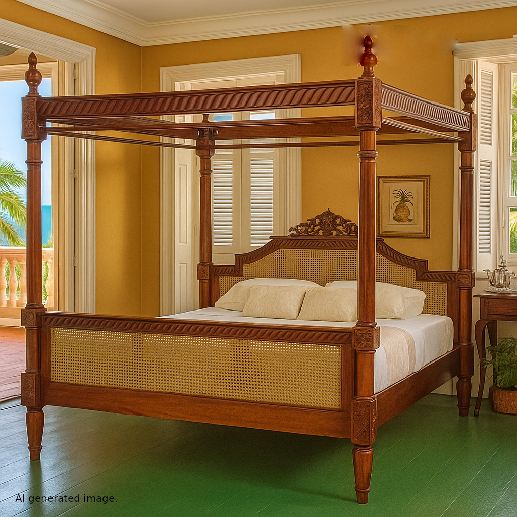 French Rattan Four Poster Bed Solid Mahogany Four Post Bed Beds & Bed Frames CasaFenix