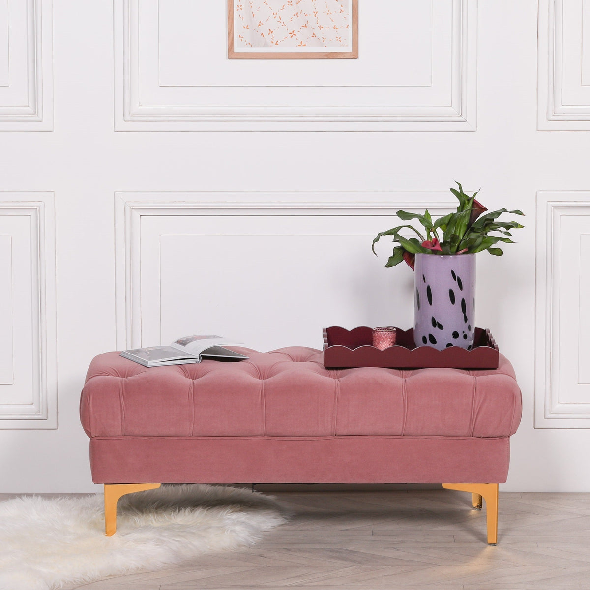 Pink Velvet Buttoned Ottoman Bench with Gold Legs — 101cm Stools CasaFenix