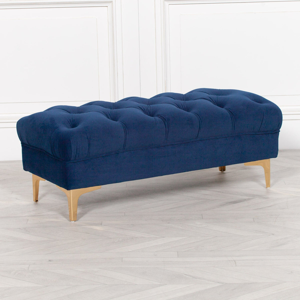 Midnight Blue Velvet Buttoned Ottoman Bench with Gold Legs — 101cm Stools CasaFenix