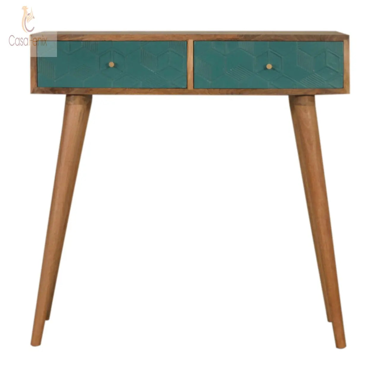 Acadia Teal Console Table Cube Designed 2 Drawers. Nordic Style. Solid Mango Wood - CasaFenix