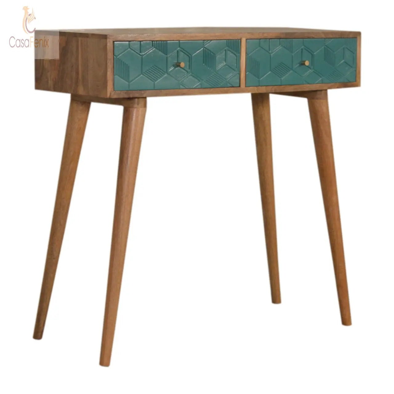 Acadia Teal Console Table Cube Designed 2 Drawers. Nordic Style. Solid Mango Wood - CasaFenix