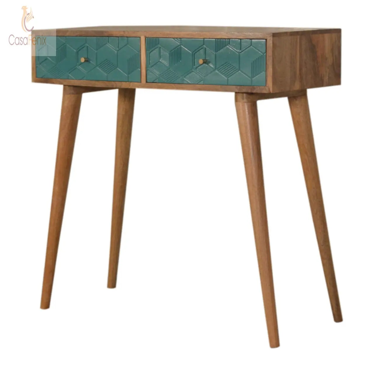 Acadia Teal Console Table Cube Designed 2 Drawers. Nordic Style. Solid Mango Wood - CasaFenix