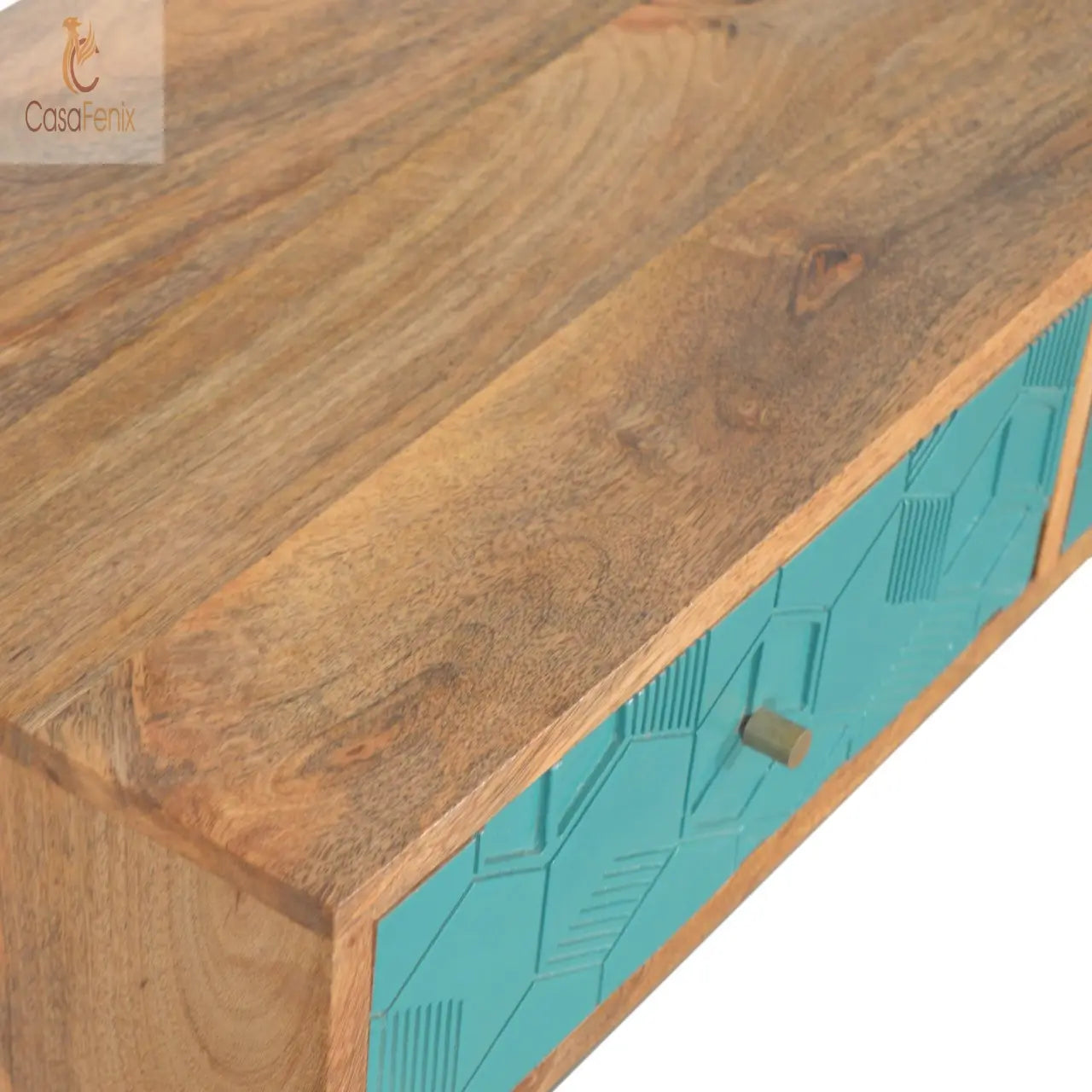 Acadia Teal Console Table Cube Designed 2 Drawers. Nordic Style. Solid Mango Wood - CasaFenix