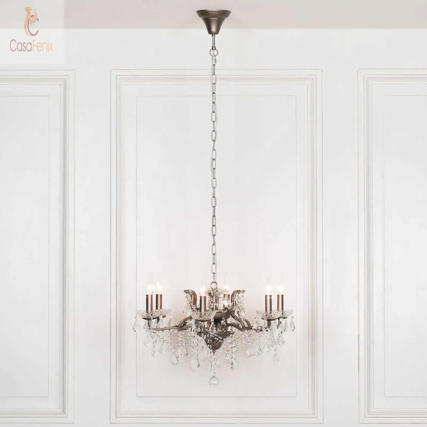 Antique Silver 6 Branch Shallow Cut Glass Chandelier - CasaFenix