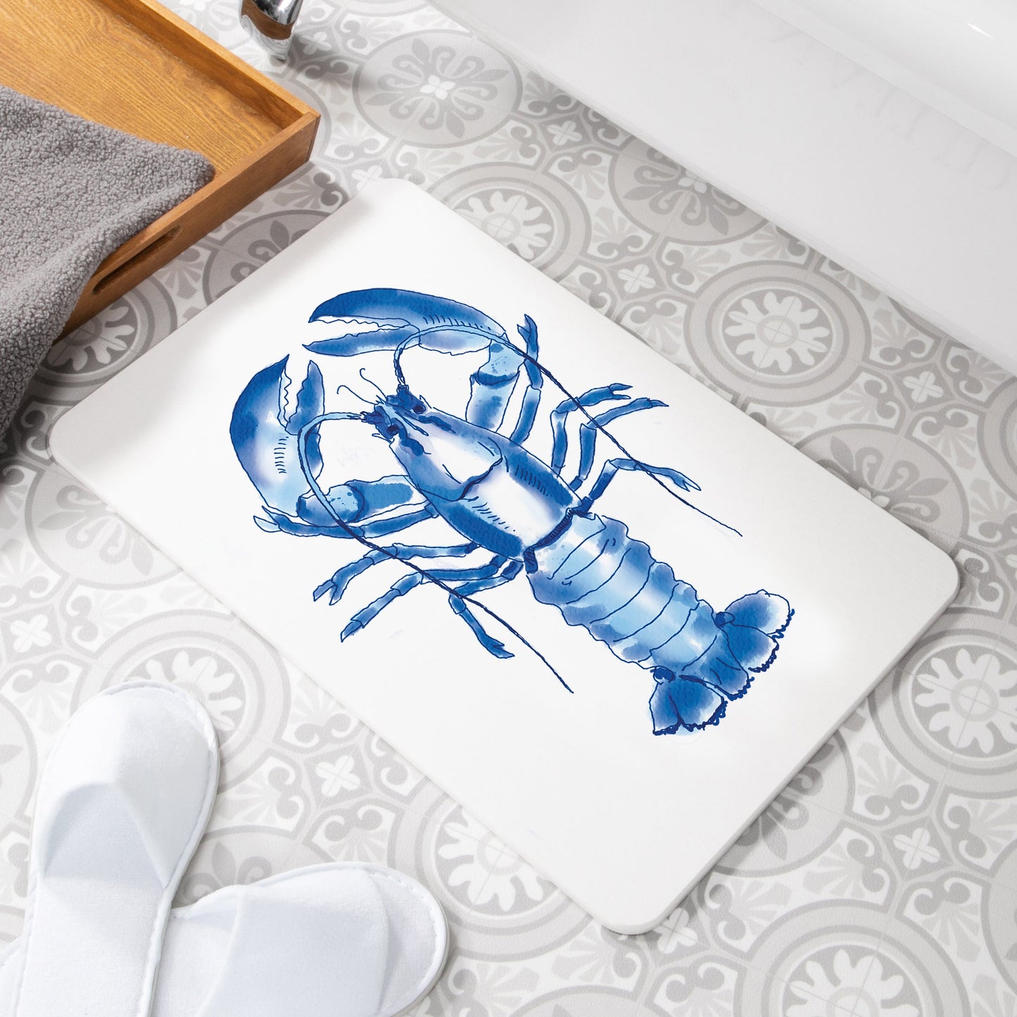 Blue Lobster White Stone Anti-Mould Non Slip Bath Mat Rug. 60x39cm Bath Mat CasaFenix