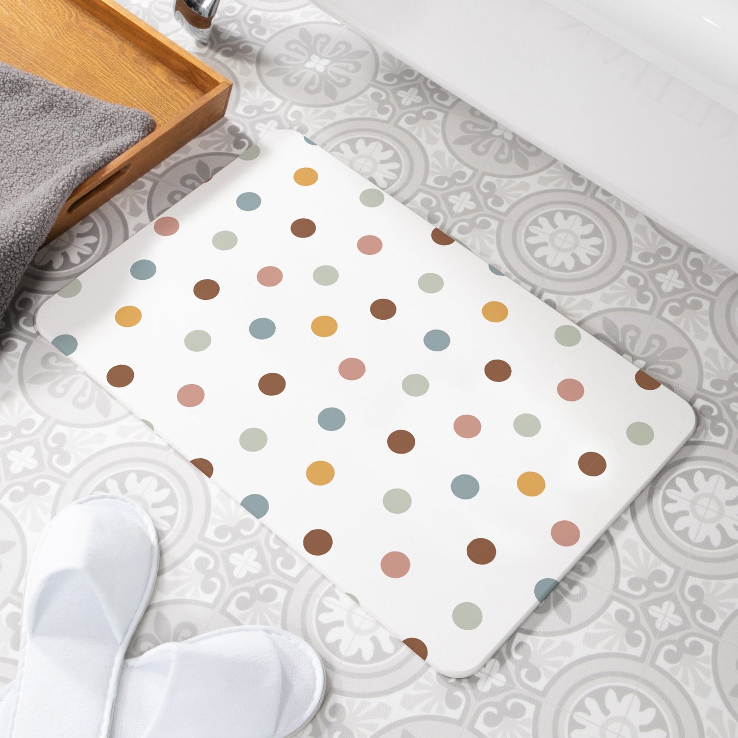 Polka Dot White Stone Anti-Mould Non Slip Bath Mat Rug. 60x39cm Bath Mat CasaFenix