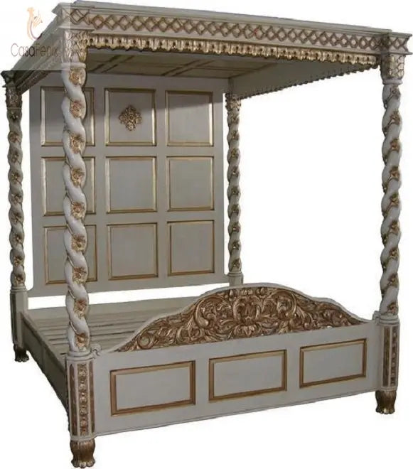 Barley Twist Tudor Style Heavily Carved Solid Mahogany Bed Premium Range - CasaFenix