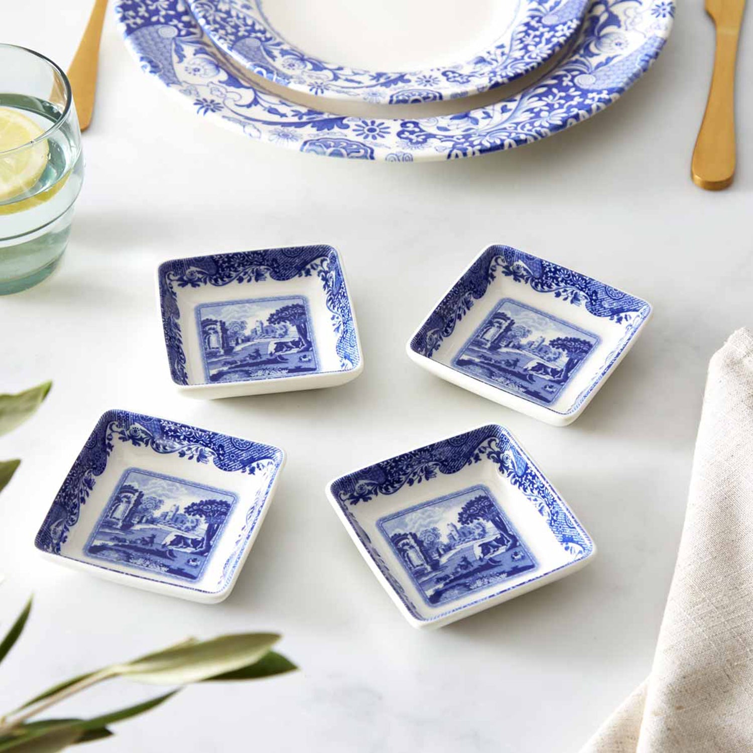 Blue Italian Set of 4 Square Dishes – Porcelain Canapé & Dip Plates dinnerware CasaFenix