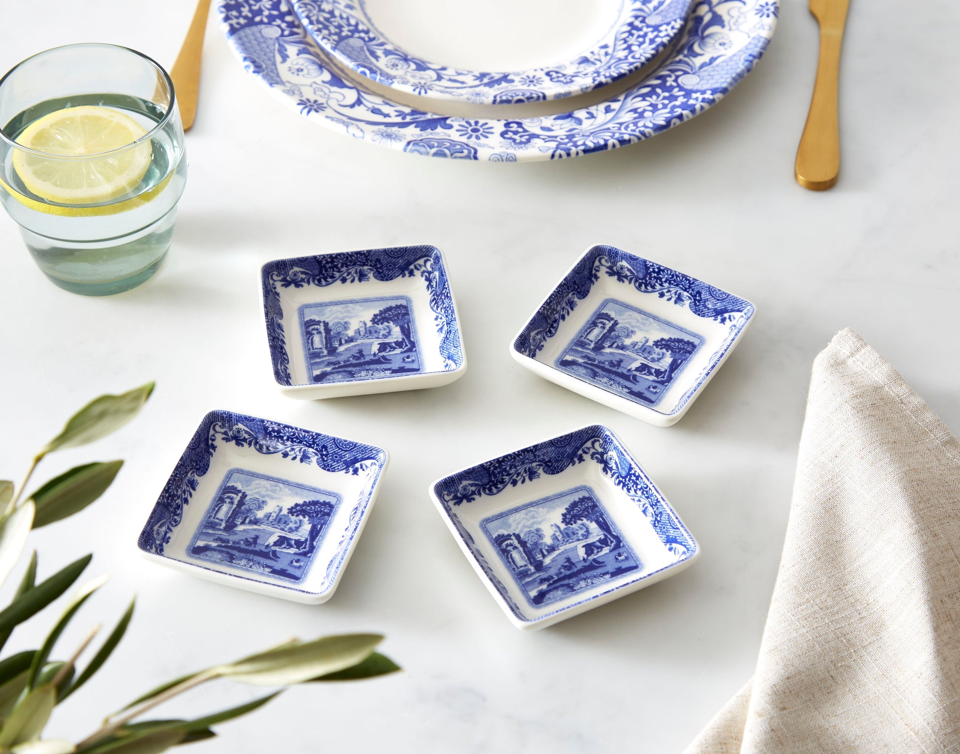 Blue Italian Set of 4 Square Dishes – Porcelain Canapé & Dip Plates dinnerware CasaFenix