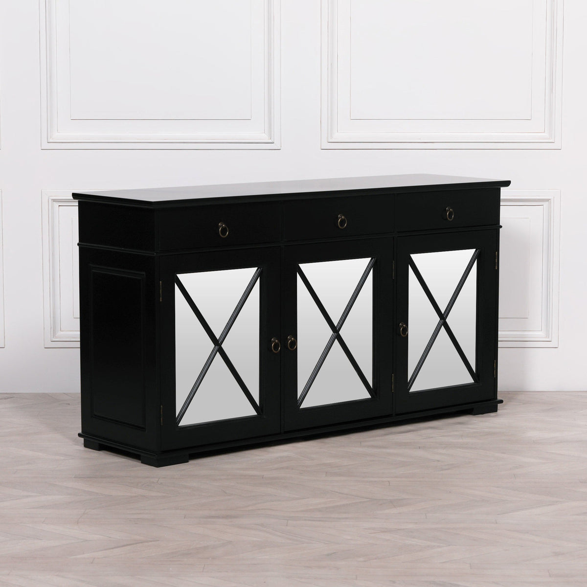 Black Oriental Sideboard with 3 Mirrored Doors & 3 Drawers Buffets & Sideboards CasaFenix