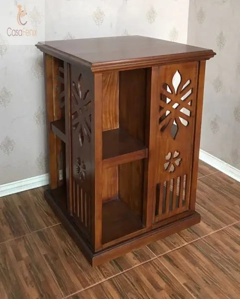 Carved Rotating 8 Section Low Bookcase Solid Mahogany Fixed Shelves CasaFenix