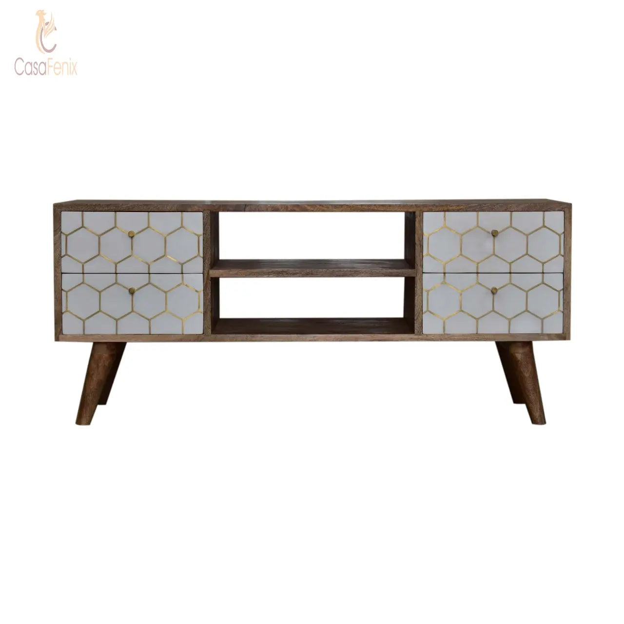 Cassia Media TV Unit Solid Mango Wood 4 Drawer Stand Nordic Style - CasaFenix