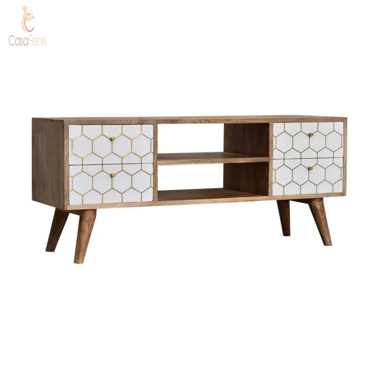 Cassia Media TV Unit Solid Mango Wood 4 Drawer Stand Nordic Style - CasaFenix