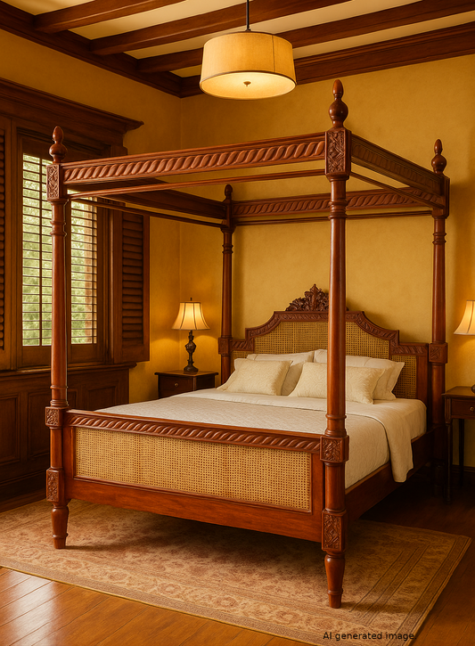 French Rattan Four Poster Bed Solid Mahogany Four Post Bed Beds & Bed Frames CasaFenix