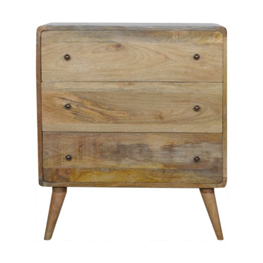 Curved Oak-ish Chest 3 Drawers Solid Wood On Legs - CasaFenix