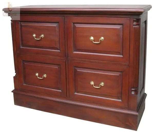 Deep 4 Drawer Solid Mahogany Filing Cabinet solid Brass Swan Neck handles Column Georgian Collection - CasaFenix