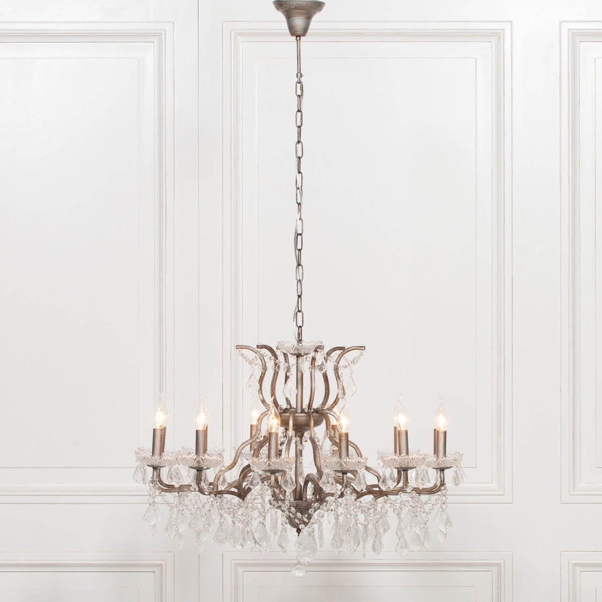 Antiqued Silver 12 Branch Shallow Cut Glass Chandelier Chandelier CasaFenix