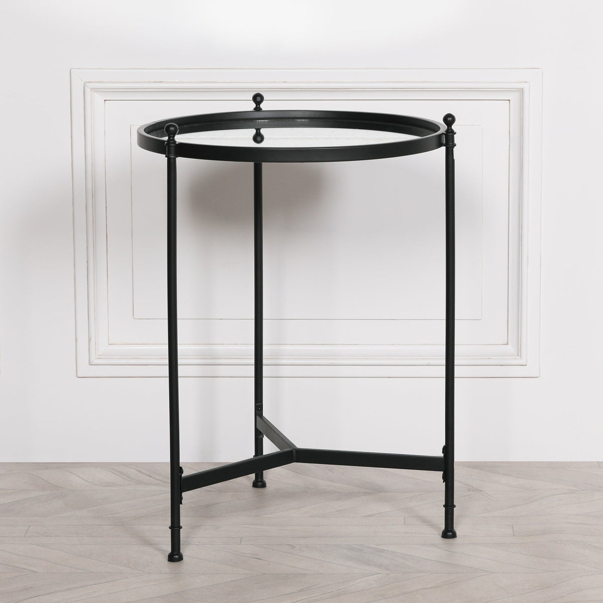 Black Iron Round Side Table with Antique Mirror Glass Top | 55cm Side Table CasaFenix