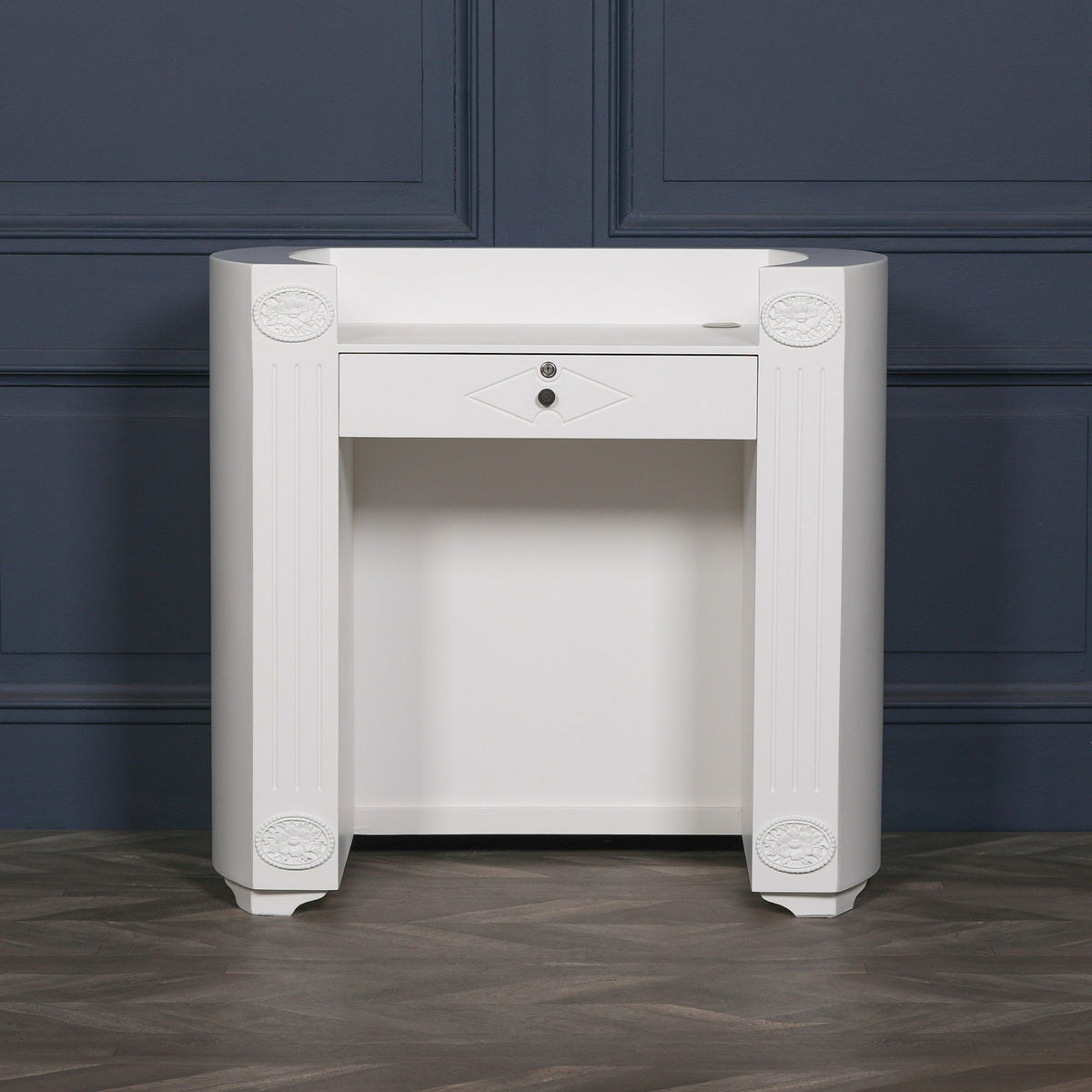 White Carved French Style Writing Desk with Lockable Drawer Desk CasaFenix