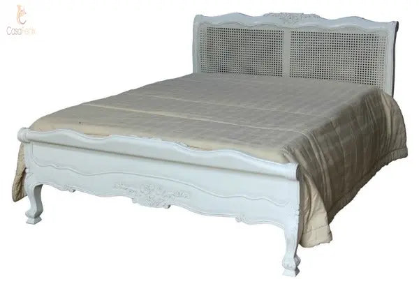 French Louis Style Cane Rattan & Mahogany Bed (Low Foot Board) - CasaFenix