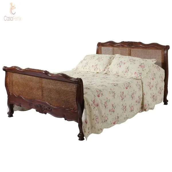 French Louis Style Cane Rattan & Mahogany Bed (Regular Foot Board) - CasaFenix