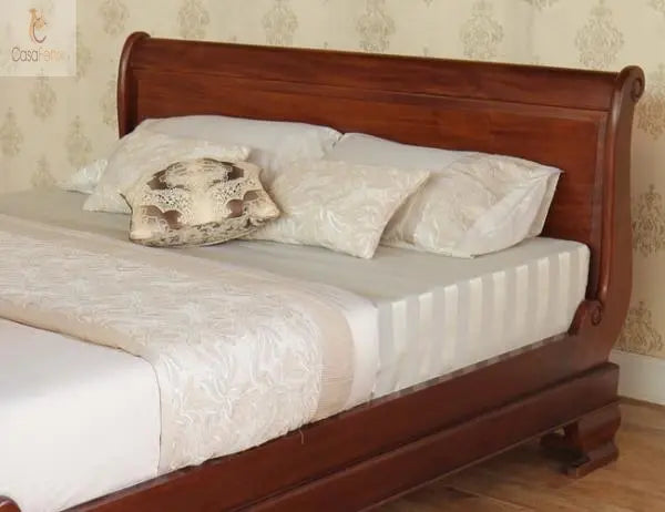 French Style Solid Mahogany Sleigh Bed With 80cm High Foot Board - CasaFenix