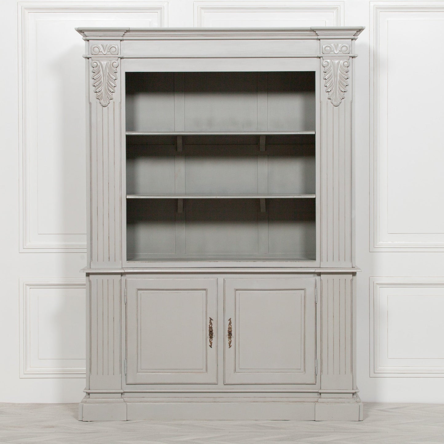 Large Grey Painted Mahogany Classic Styled Open Bookcase Carved Columns Bookcase CasaFenix
