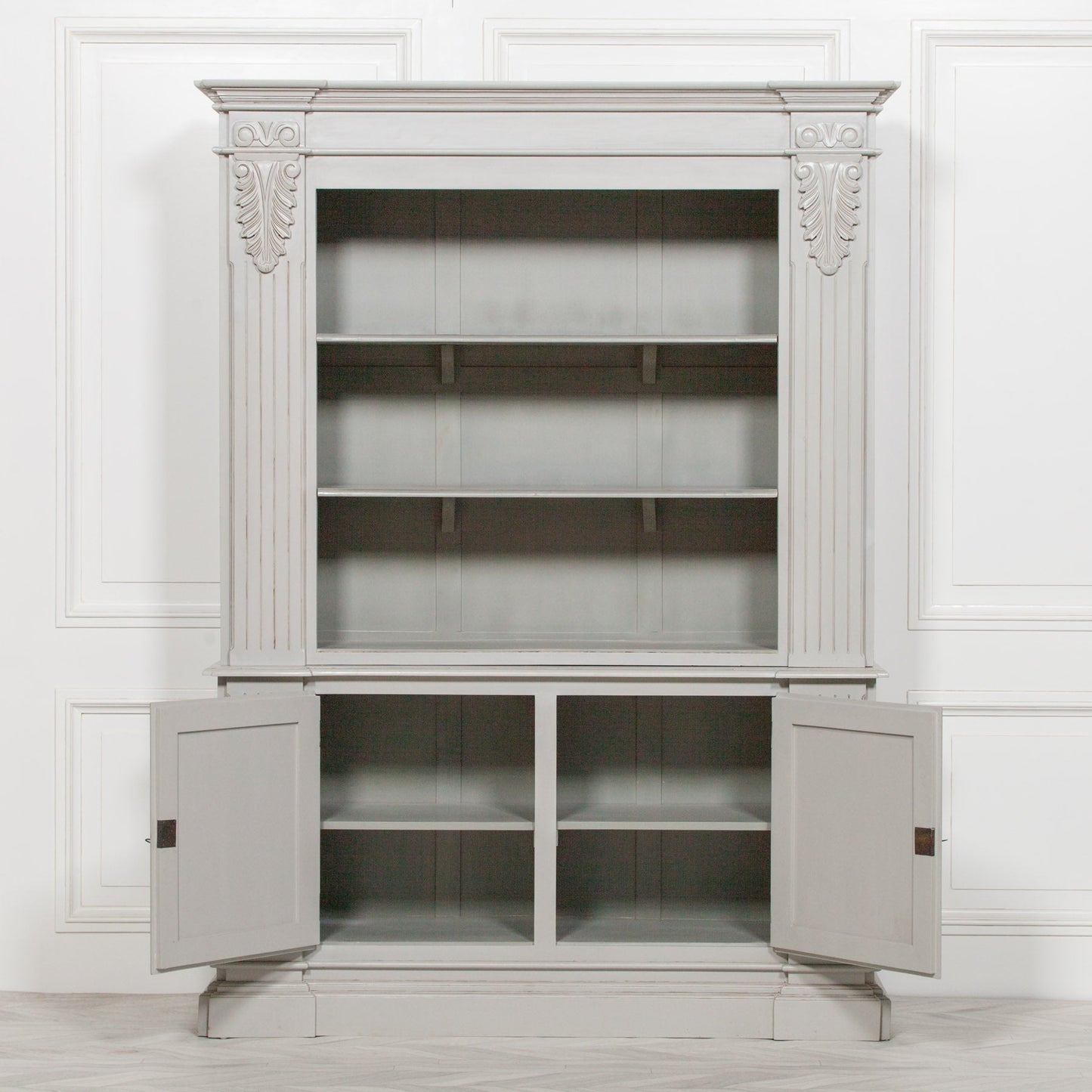Large Grey Painted Mahogany Classic Styled Open Bookcase Carved Columns Bookcase CasaFenix