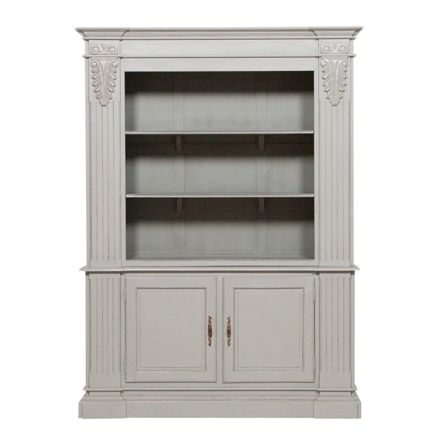 Large Grey Painted Mahogany Classic Styled Open Bookcase Carved Columns Bookcase CasaFenix