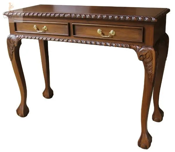 2 Drawer Solid Mahogany Chippendale Style Rectangular Side / Hall Console Table - CasaFenix