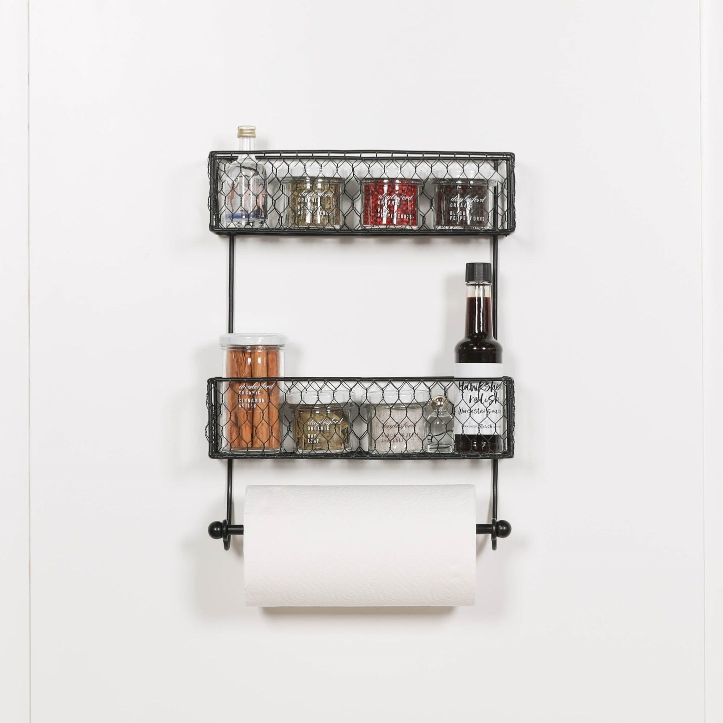 Black Metal Wall-Mounted Spice Rack with 2 Shelves & Kitchen Roll Holder wall rack CasaFenix