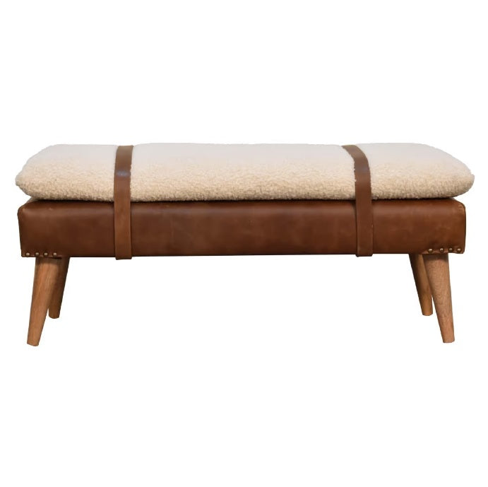Boucle Buffalo Hide Leather & Cotton Bedroom or Hall Bench - CasaFenix