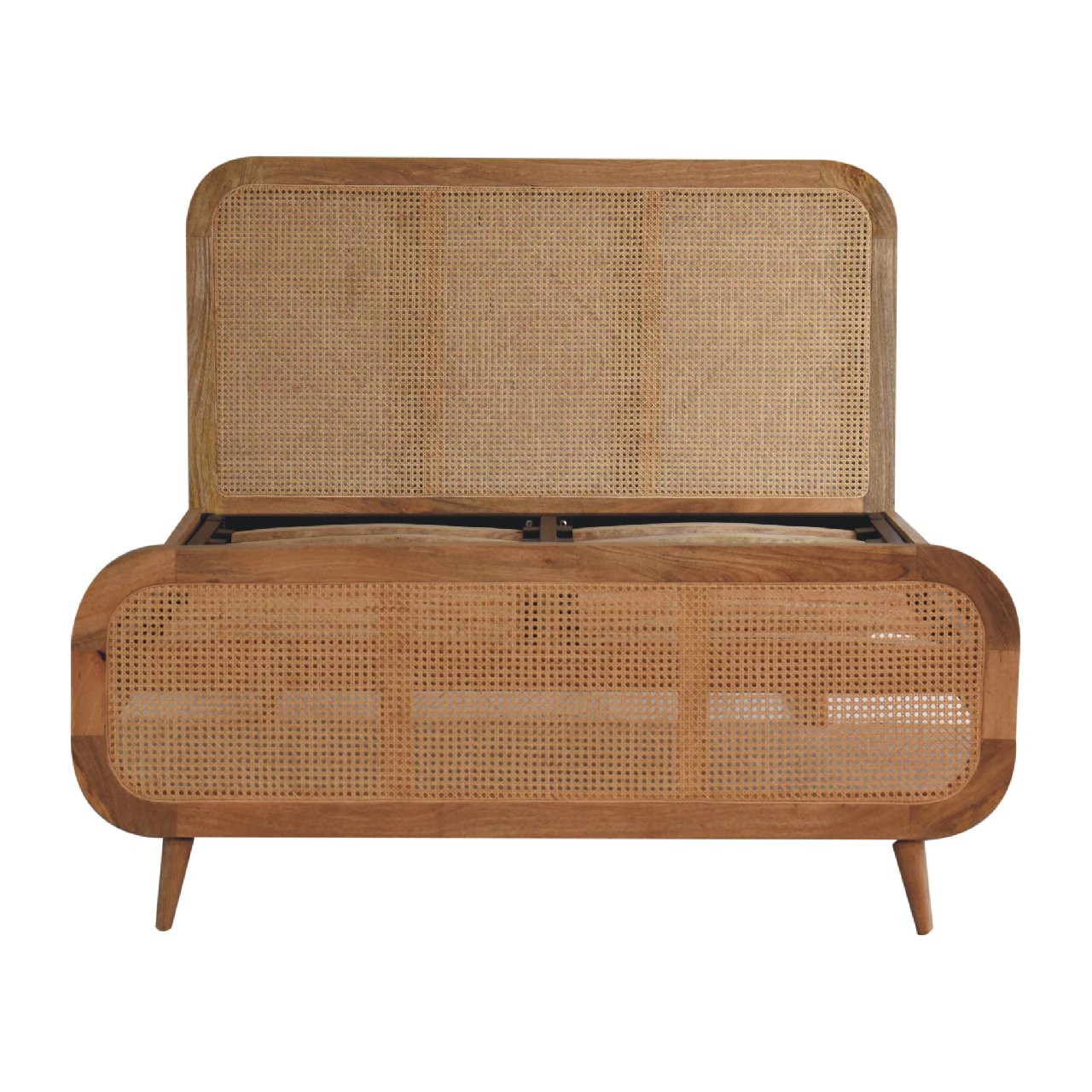Handcrafted Oak‑Finish Rattan Double Bed – Solid Mango Wood Frame with Metal Slats & Scandinavian Legs Beds & Bed Frames CasaFenix