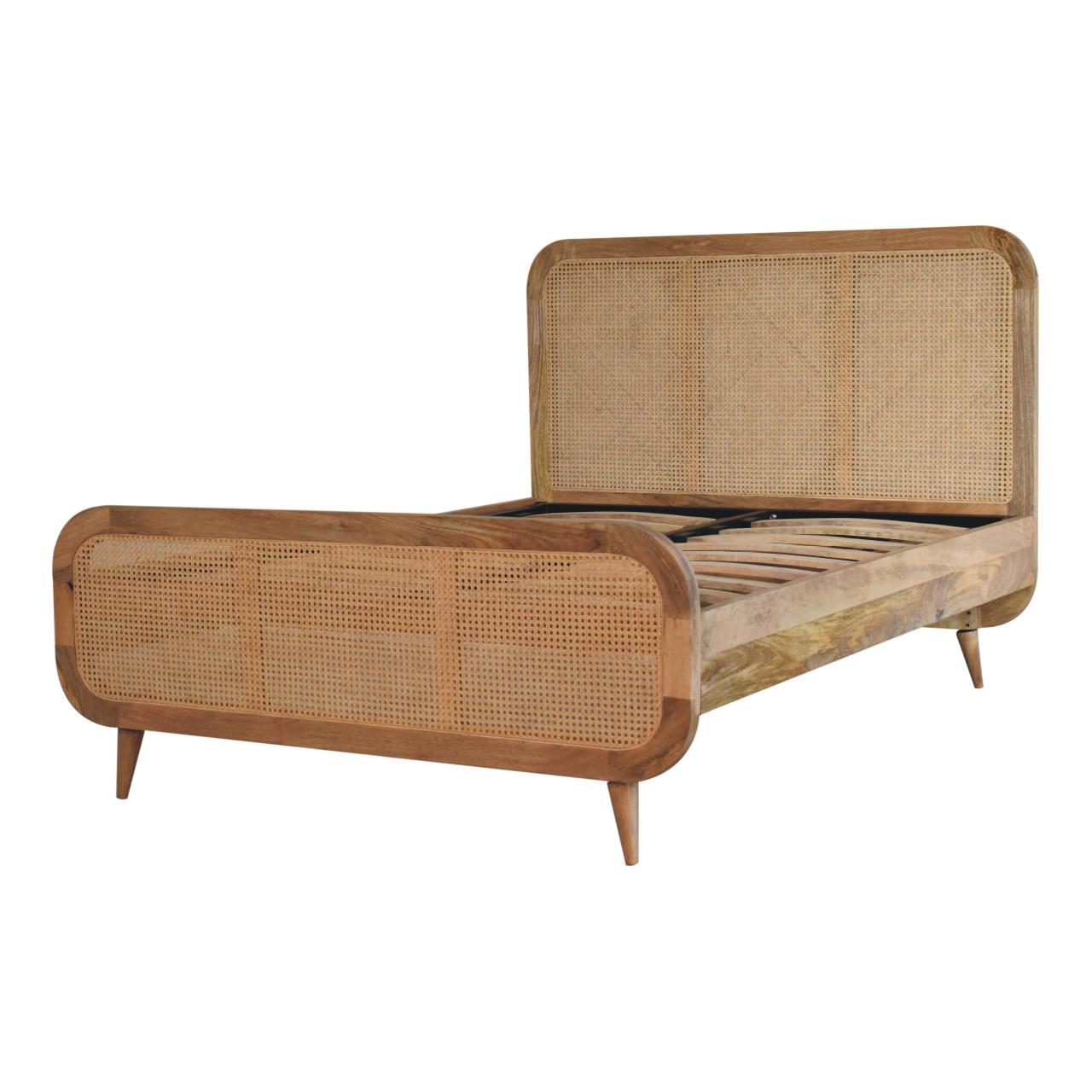 Handcrafted Oak‑Finish Rattan Double Bed – Solid Mango Wood Frame with Metal Slats & Scandinavian Legs Beds & Bed Frames CasaFenix