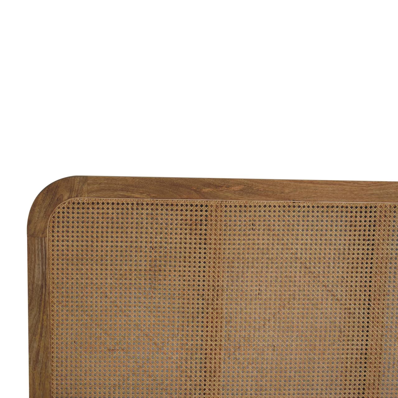 Handcrafted Oak‑Finish Rattan Double Bed – Solid Mango Wood Frame with Metal Slats & Scandinavian Legs Beds & Bed Frames CasaFenix