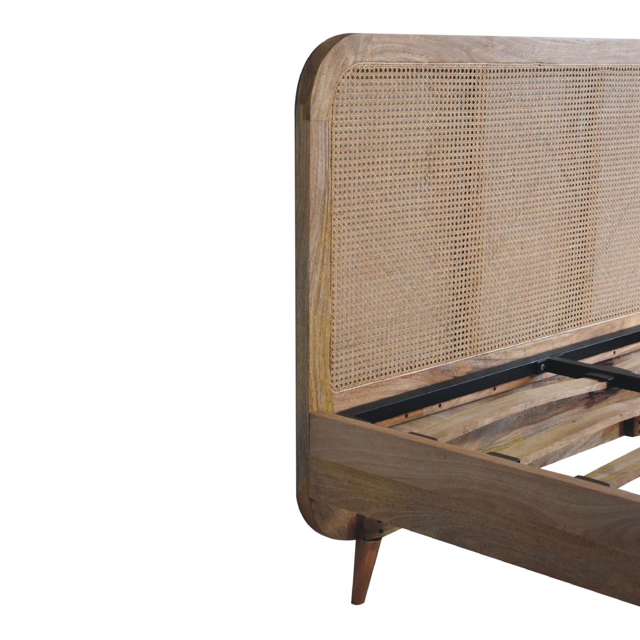 Handcrafted Oak‑Finish Rattan Double Bed – Solid Mango Wood Frame with Metal Slats & Scandinavian Legs Beds & Bed Frames CasaFenix