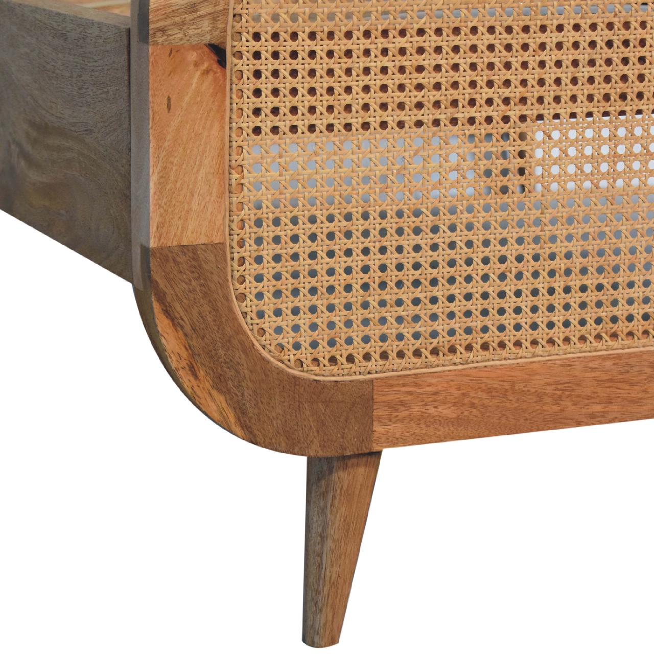 Handcrafted Oak‑Finish Rattan Double Bed – Solid Mango Wood Frame with Metal Slats & Scandinavian Legs Beds & Bed Frames CasaFenix