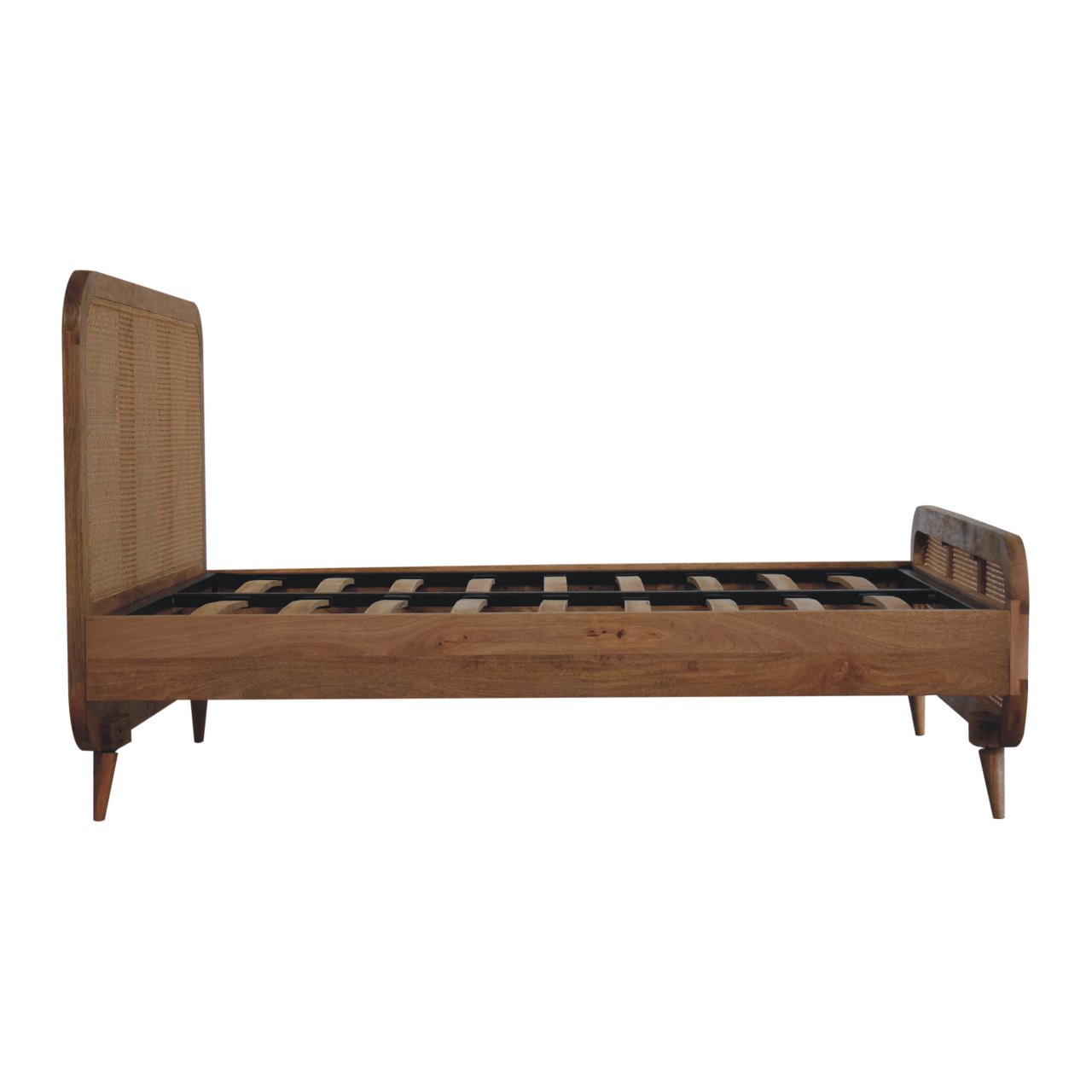 Handcrafted Oak‑Finish Rattan Double Bed – Solid Mango Wood Frame with Metal Slats & Scandinavian Legs Beds & Bed Frames CasaFenix