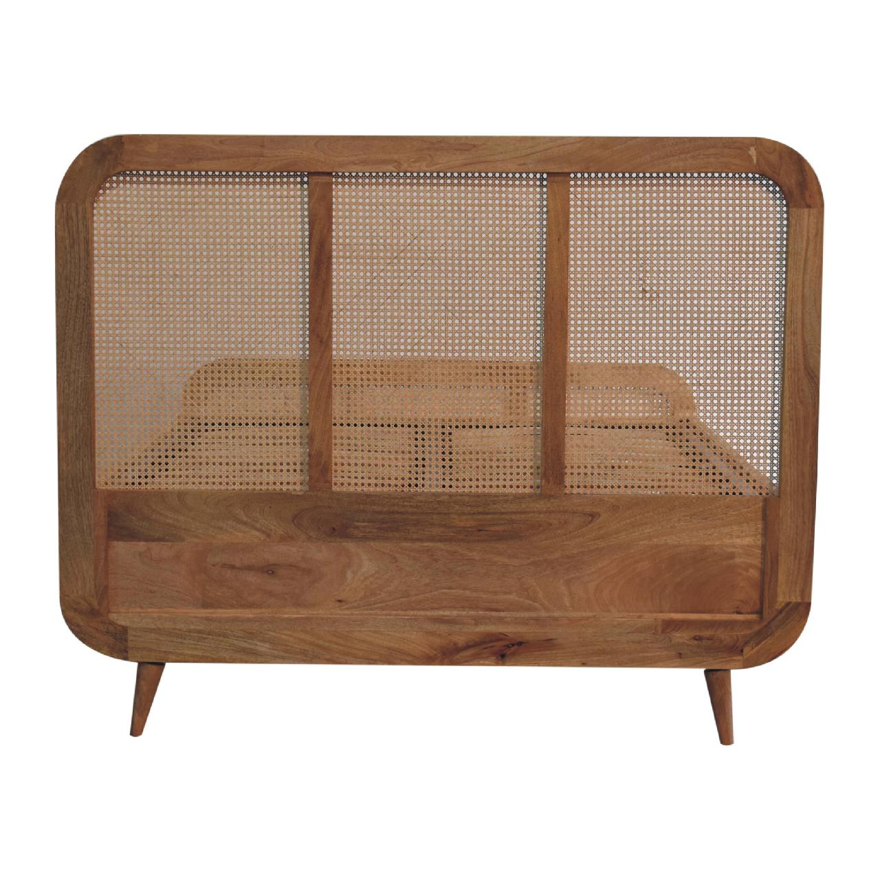 Handcrafted Oak‑Finish Rattan Double Bed – Solid Mango Wood Frame with Metal Slats & Scandinavian Legs Beds & Bed Frames CasaFenix