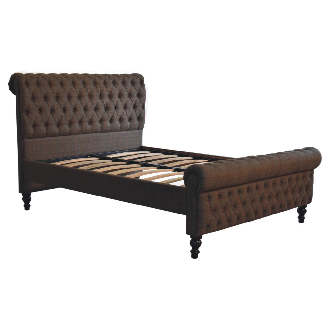 Handcrafted Multi‑Tweed Upholstered Double Bed – Solid Mango Wood Roll‑Top Frame with Deep Button Headboard & Nordic Legs Beds & Bed Frames CasaFenix