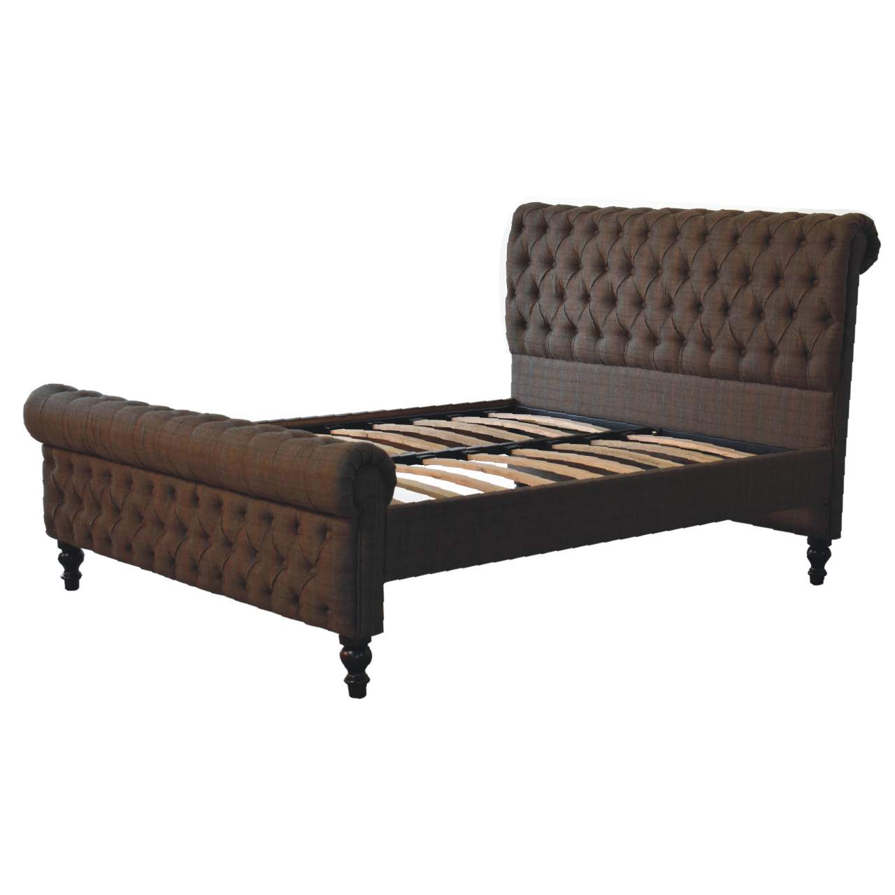 Handcrafted Multi‑Tweed Upholstered Double Bed – Solid Mango Wood Roll‑Top Frame with Deep Button Headboard & Nordic Legs Beds & Bed Frames CasaFenix