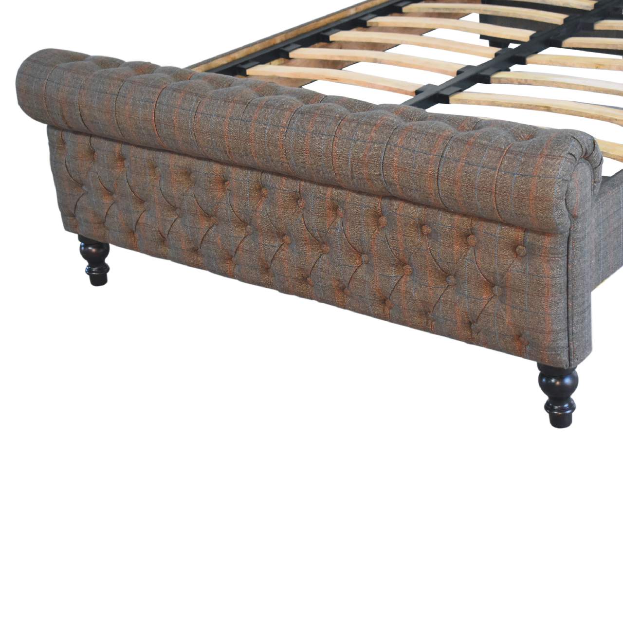 Handcrafted Multi‑Tweed Upholstered Double Bed – Solid Mango Wood Roll‑Top Frame with Deep Button Headboard & Nordic Legs Beds & Bed Frames CasaFenix