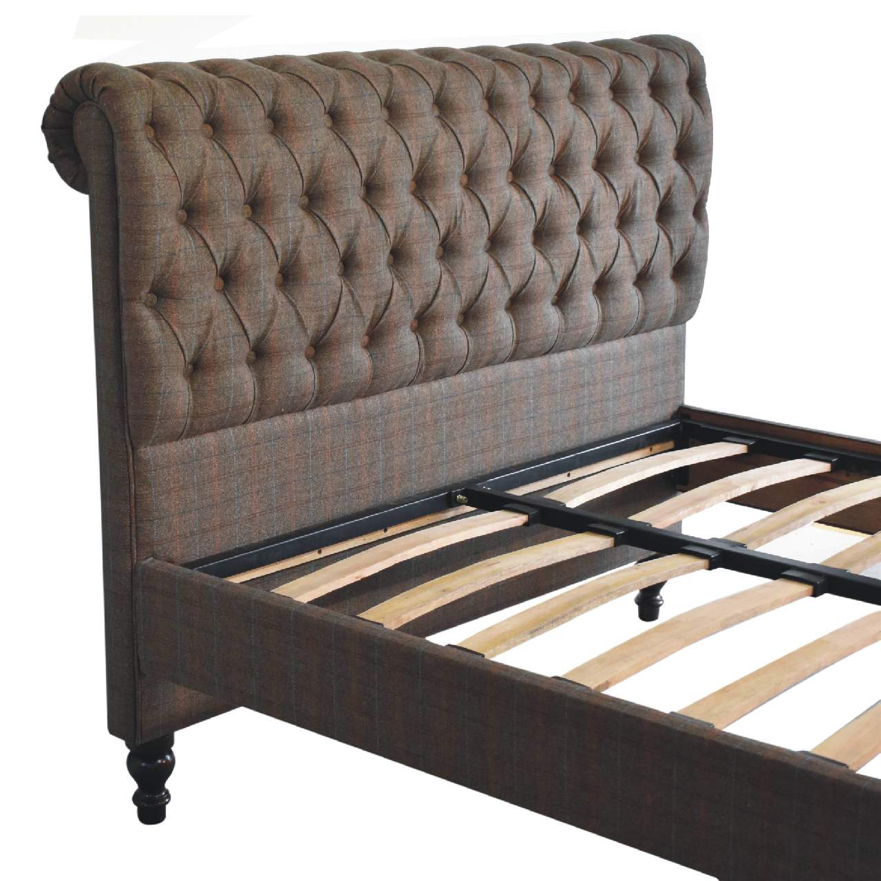Handcrafted Multi‑Tweed Upholstered Double Bed – Solid Mango Wood Roll‑Top Frame with Deep Button Headboard & Nordic Legs Beds & Bed Frames CasaFenix