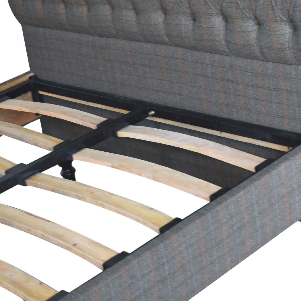 Handcrafted Multi‑Tweed Upholstered Double Bed – Solid Mango Wood Roll‑Top Frame with Deep Button Headboard & Nordic Legs Beds & Bed Frames CasaFenix