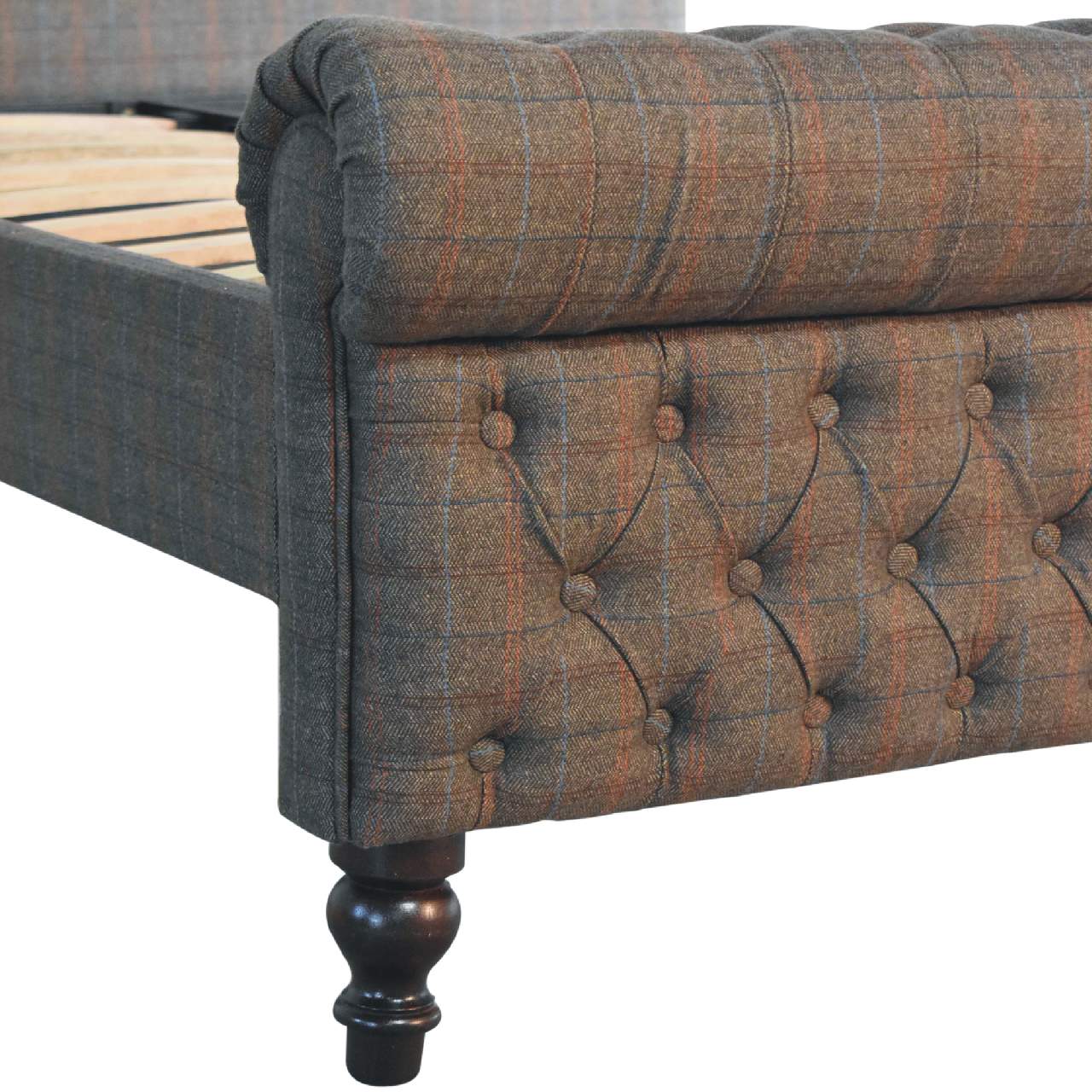 Handcrafted Multi‑Tweed Upholstered Double Bed – Solid Mango Wood Roll‑Top Frame with Deep Button Headboard & Nordic Legs Beds & Bed Frames CasaFenix