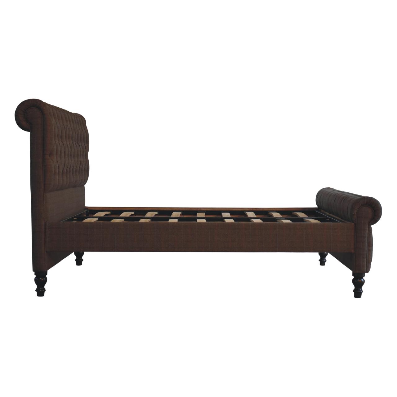 Handcrafted Multi‑Tweed Upholstered Double Bed – Solid Mango Wood Roll‑Top Frame with Deep Button Headboard & Nordic Legs Beds & Bed Frames CasaFenix