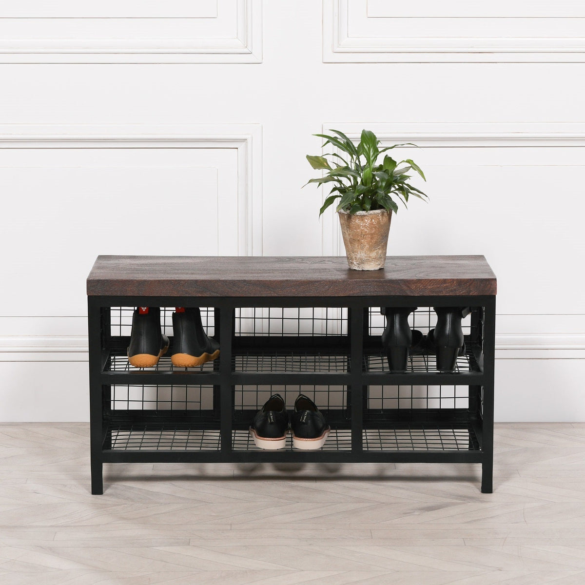 Black Metal Cage Shoe Storage Bench with Mango Wood Seat Benches CasaFenix